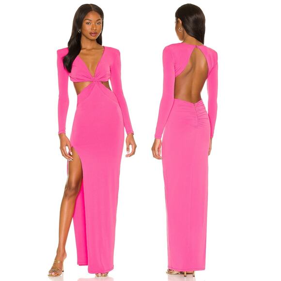Nookie Jewel Maxi Gown Twist Front Cut-Out Side Slit Long Sleeve Neon Pink Small - Picture 1 of 14